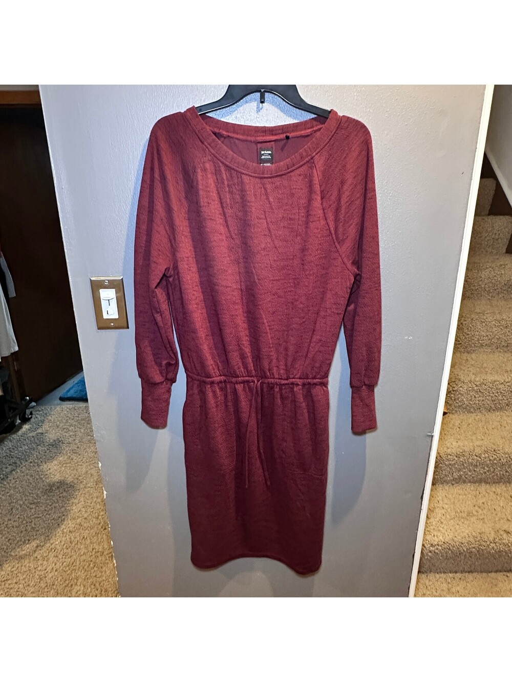 prAna Women's Long Sleeve Drawstring Waist Dress in Burgundy, Size M